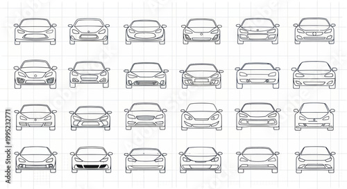 Set of minimalist car front sketches on graph paper for automotive design