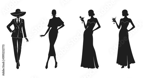 Set of elegant women fashion silhouettes in formal and evening attire holding cocktails