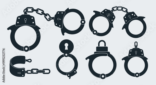 Collection of metal handcuff silhouettes and law enforcement restraint equipment icons.