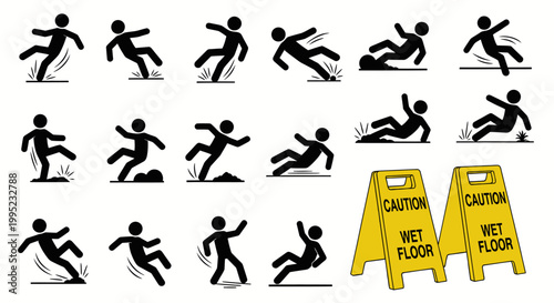 Slip and fall accident icons with caution wet floor signs