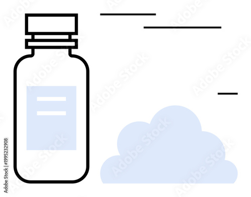 Healthcare, pharmaceuticals, innovation, medical services, wellbeing, treatment. Outline of bottle with cloud shape beside it. Healthcare and pharmaceuticals concept