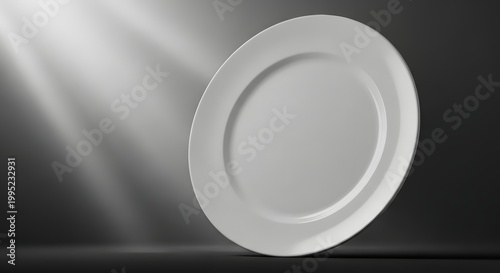 A Clean White Plate Illuminated by Dramatic Spotlight Rays.