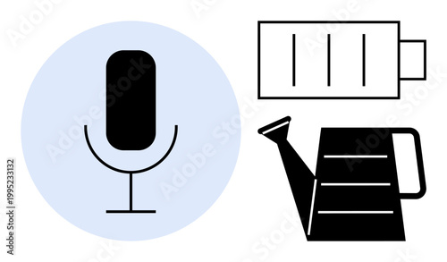 Audio recording, energy storage, gardening tools, sustainability, design elements, technology integration. A microphone, battery and watering can icons. Focus on audio recording and energy storage