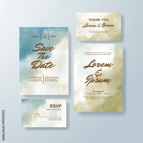 Elegant wedding invitation set featuring a modern watercolor style layout with multiple card formats, including save the date, main invitation, RSVP, and thank you card.