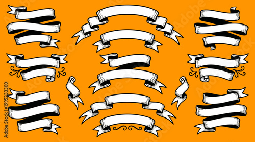 Vintage hand drawn vector illustration graphic design collection of blank white banners and ribbons on orange background