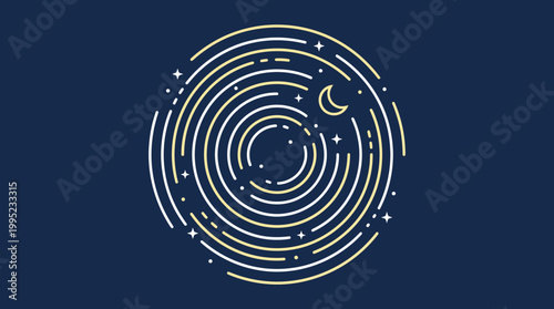 Abstract Stylized Star Trails Graphic with Crescent Moon on Navy Blue Background