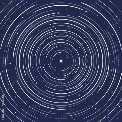 Stylized Concentric Star Trails with North Star on Dark Blue Celestial Background