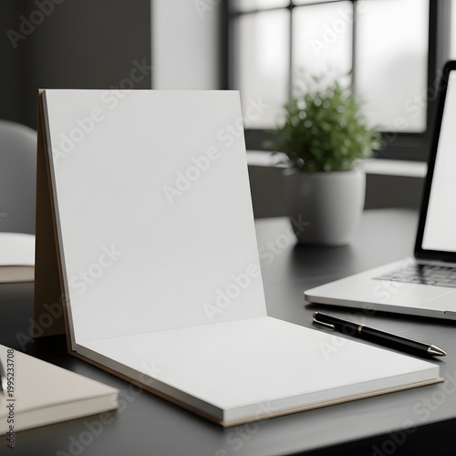 Blank Open Notebook on a Modern Desk with Laptop and Plant.