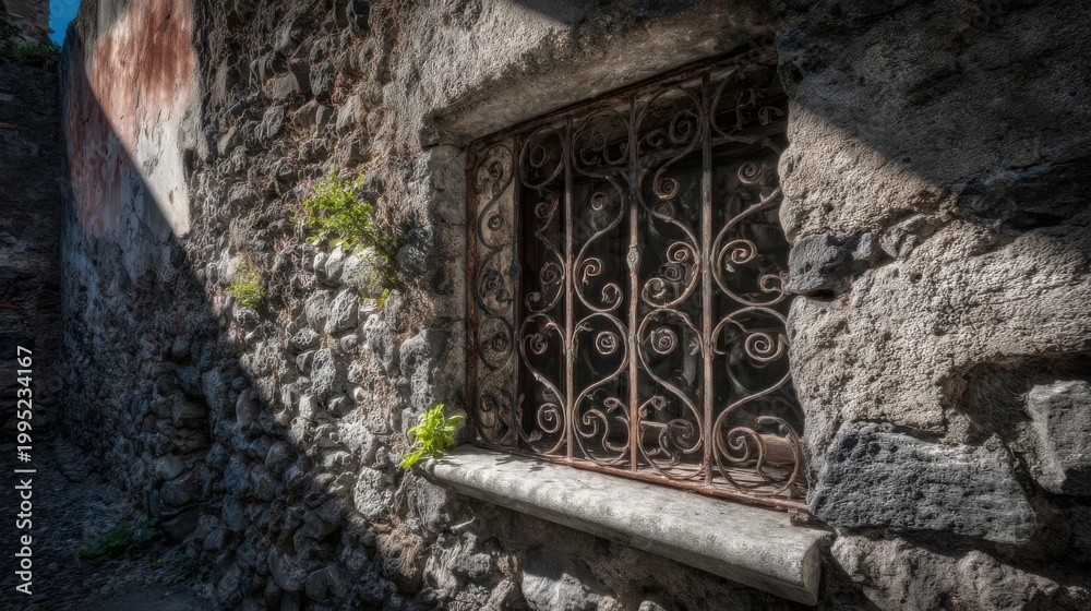 Fototapeta premium A Securely Locked Wrought-Iron Grille on an Ancient Stone Window
