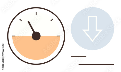 Data transfer, speed analysis, performance monitoring, internet usage, download progress, technology efficiency. Speedometer gauge with a half-filled indicator and download arrow icon. Data transfer