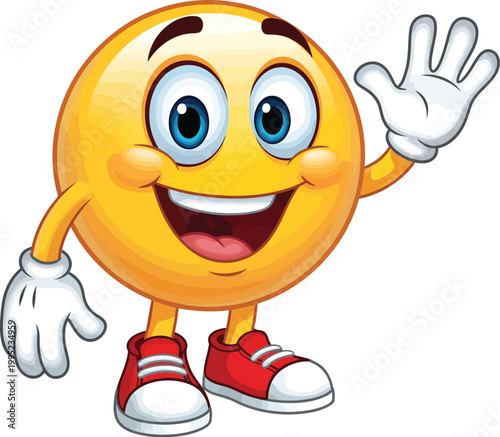 Smiling yellow emoji character waving hello with a cheerful expression isolated on white background character greeting cheerful illustration friendly emoticon communication disembodied