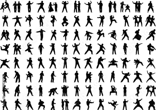 Diverse collection of human body pose silhouettes with silhouette collection standing movement expression character community lifestyle activity
