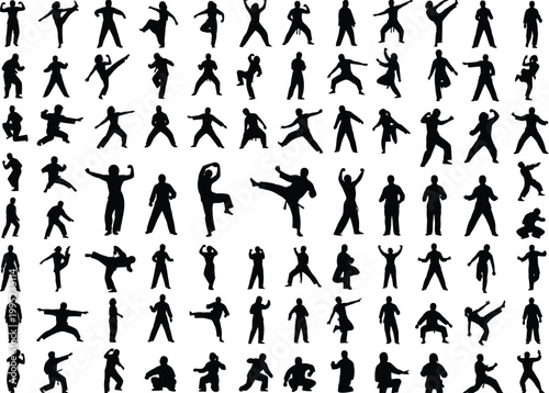 Silhouettes of people in martial arts poses with kung fu silhouette fighting kickboxing taekwondo movement discipline strength gymnastics collection training practice competition