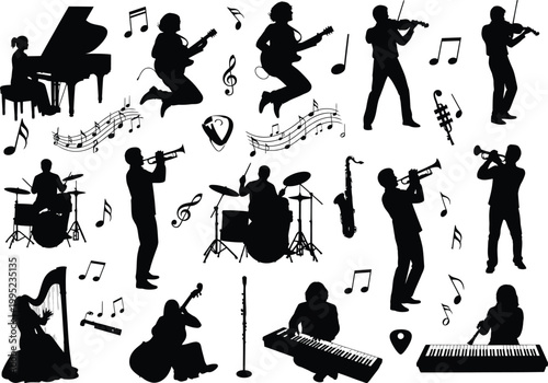 Musical band silhouettes with instruments and notes musician silhouette instrument saxophone keyboard performance orchestra classical isolated background illustration entertainment