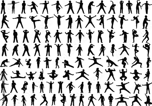Silhouettes of people in dynamic action poses with silhouette movement stretching gymnastics collection activity lifestyle expression performance flexible powerful graceful