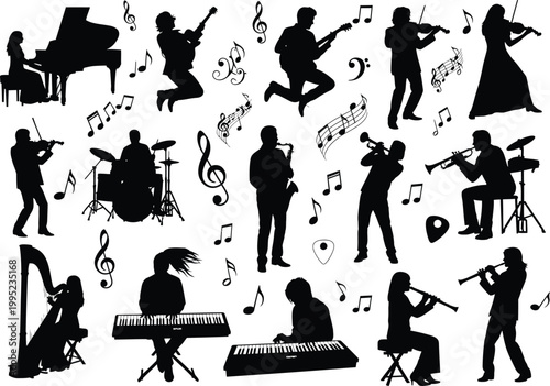 Silhouette collection of musicians playing various instruments with musician silhouette instrument saxophone keyboard performance orchestra classical isolated background illustration