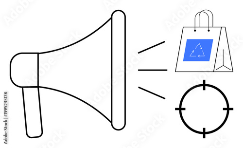 Digital marketing, brand promotion, advertising strategies, sustainability, e-commerce, audience targeting. Megaphone, shopping bag and target symbol. Digital marketing and brand promotion concept
