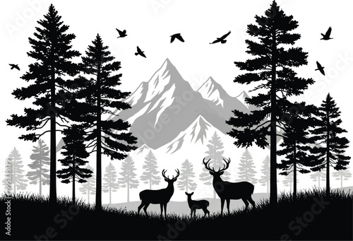 Deer family silhouette in a forest landscape with mountains wildlife silhouette landscape mountain outdoors background illustration evergreen environment peaceful woodland