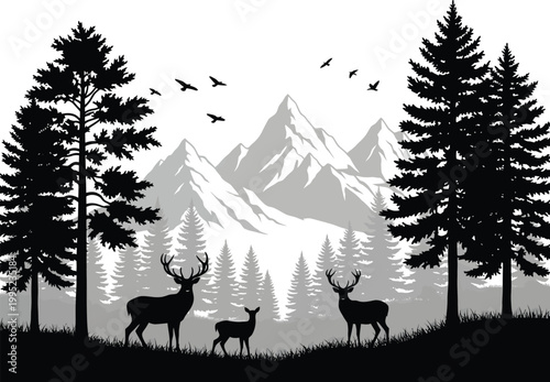 Majestic deer family silhouette amidst pine forest and mountains with wildlife silhouette landscape mountain outdoors background illustration evergreen environment peaceful woodland