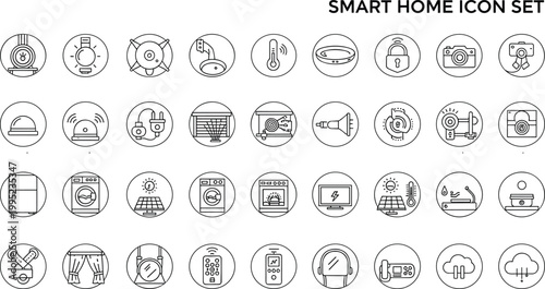 Smart home outline icon set automation security IoT devices appliances wireless control technology thin line vector collection