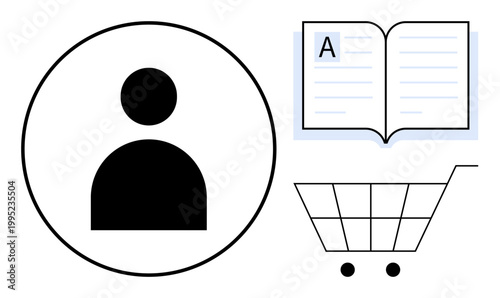 Digital learning, e-commerce, online shopping, consumer behavior, user profiles, brand personalization. Circular user icon, shopping cart and open book. E-commerce and digital learning concept