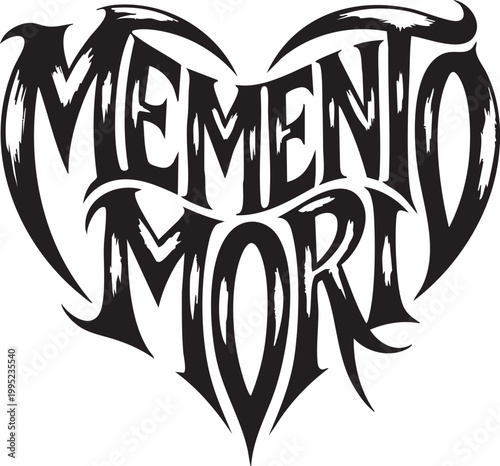 Dramatic black gothic calligraphy text 'Memento Mori' shaped as a heart on a textured crumpled paper background. Ideal for dark aesthetics, tattoo inspiration, gothic art, and philosophical themes in 
