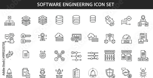 Software engineering outline icon set programming development database cloud security analytics DevOps technology thin line vector interface collection