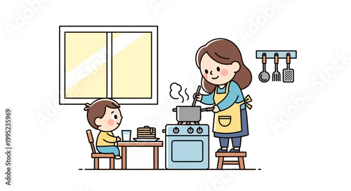 Woman cooking with a little boy.
