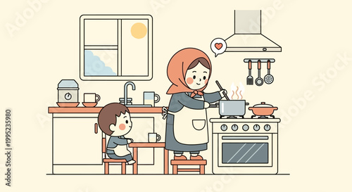 Woman cooking with a child.