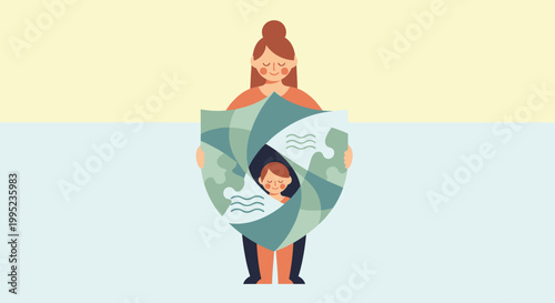 Woman holding a sleeping child close.