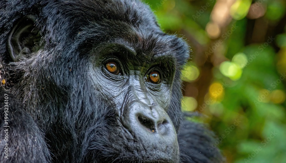 Obraz premium Close-up of a gorilla's face, showing its expressive eyes and dark fur in natural habitat