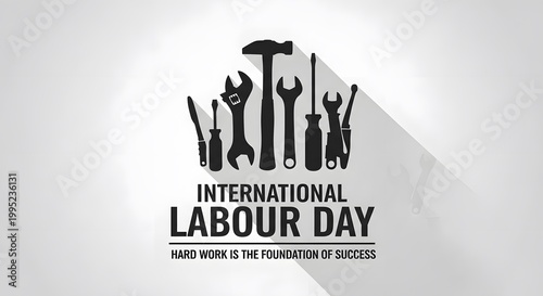 International Labour Day poster with wrench tools and motivational quote on hard work success