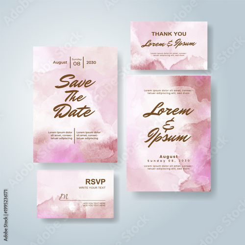 Elegant wedding invitation set featuring a modern watercolor style layout with multiple card formats, including save the date, main invitation, RSVP, and thank you card.