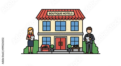 Charming Boutique Hotel Building with Staff and Welcoming Atmosphere.