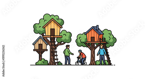 Children Enjoying a Fun Day Playing in Their Treehouses Together.
