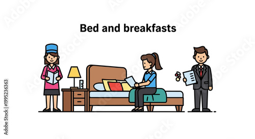 Bed and Breakfast Illustration - Guests and Staff Interacting in Room.
