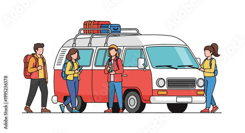 Group of Friends Ready for Adventure with a Camper Van.