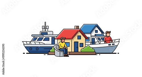 Illustration of a House and Two Boats with People.