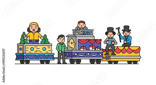 Colorful Parade Floats with People Celebrating a Festive Holiday.
