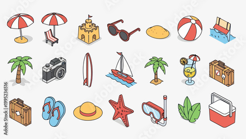 Summer Vacation Beach Holiday Objects Collection Isometric Style.