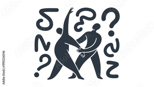 Two abstract figures dancing together surrounded by question marks.