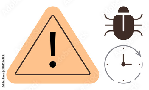 Cybersecurity, urgency, deadline management, system error, software bugs, digital threats. Exclamation mark in a triangle, bug icon clock. Cybersecurity and urgency concept