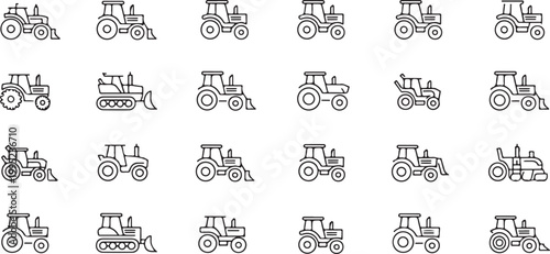 Tractor icons set including different models of agricultural machinery for farming and field work.