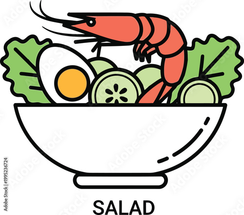 Foto Shrimp salad bowl with egg and vegetables