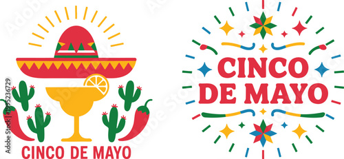 Geometric Cinco de Mayo logos and emblems featuring traditional Mexican symbols and festive abstract designs