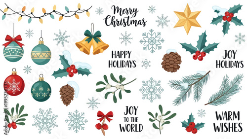 Vibrant collection of festive Christmas and holiday season decorative elements.