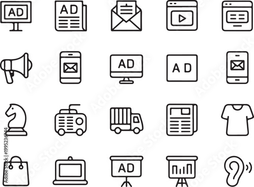 Advertising and marketing vector line icons set containing megaphone billboard digital ads radio delivery truck shop bag and ear.