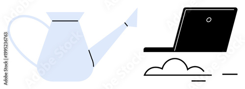 Gardening, cloud computing, internet tools, sustainability, eco-tech, digital ecosystem. Minimalist watering can beside a laptop with cloud illustration. Gardening and cloud computing theme