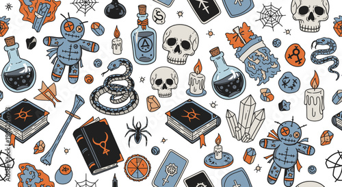 Witchcraft and Occult Symbols Seamless Pattern Vector Illustration Featuring Skulls Voodoo Dolls and Magic Potions for Mystical Esoteric Design Projects