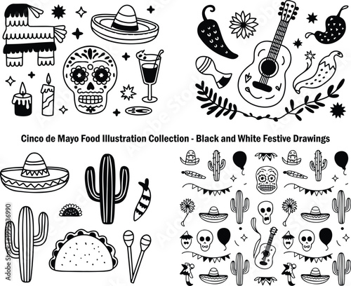Diverse black and white Cinco de Mayo illustration collection featuring festive food, decorations and cultural symbols